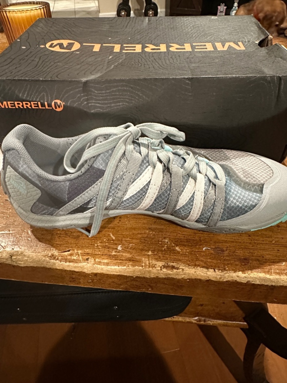 Merrell Light Gray Mesh Trail Shoe with Mint Accent